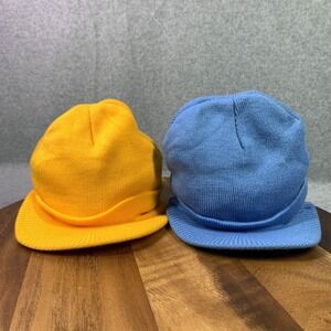 Knit Visor Hat Cap Fitted Mens One Size Blue Yellow Brim Beanie Winter 2 Pack
